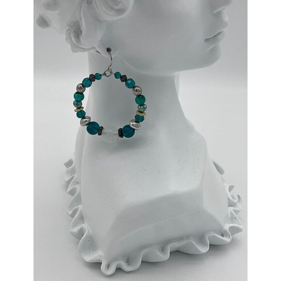 Chicos Silvertone Teal and White Marbled Stone Anne Hoop Earrings Hook Backs - Picture 5 of 5